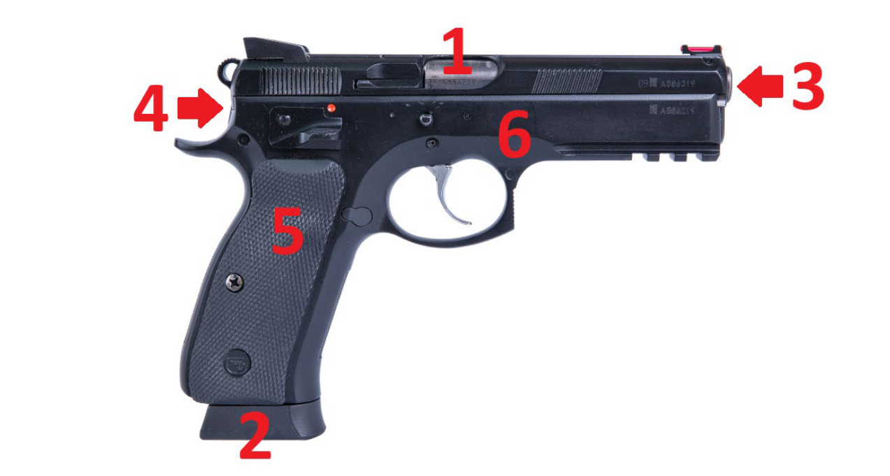 Černá pistole z boku, u jejích částí červená čísla 1 až 6, u čísel 3 a 4 šipky