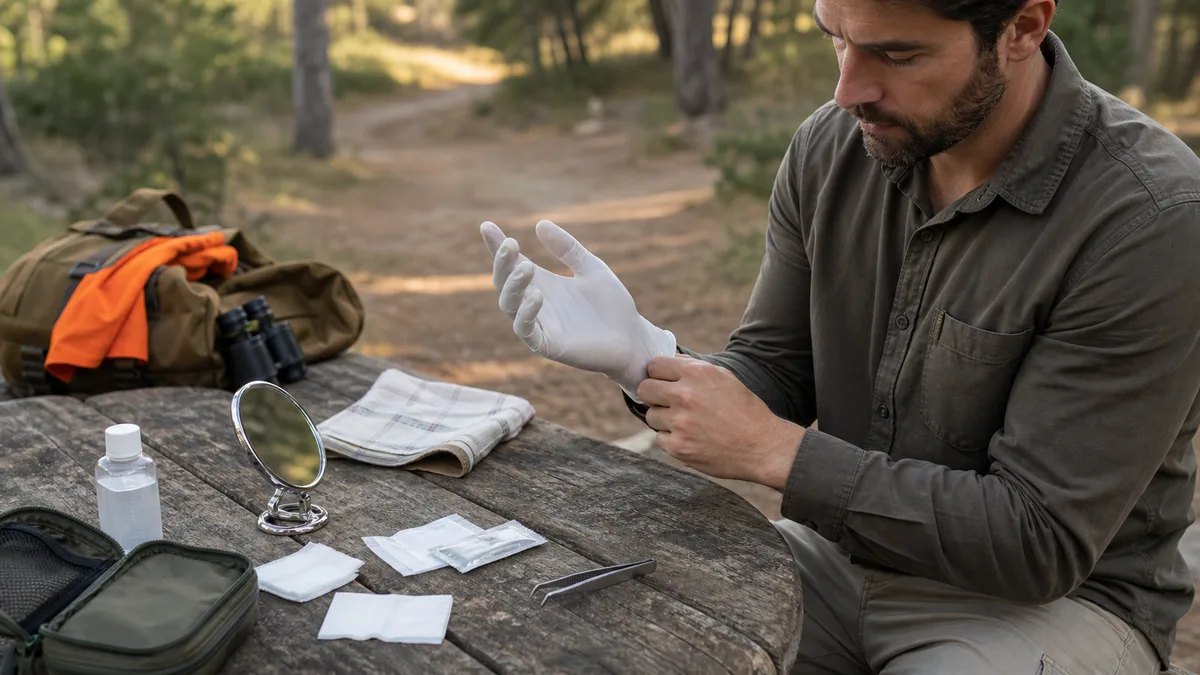 Botiquín con guantes, pinzas y material limpio para actuar tras una picadura de garrapata