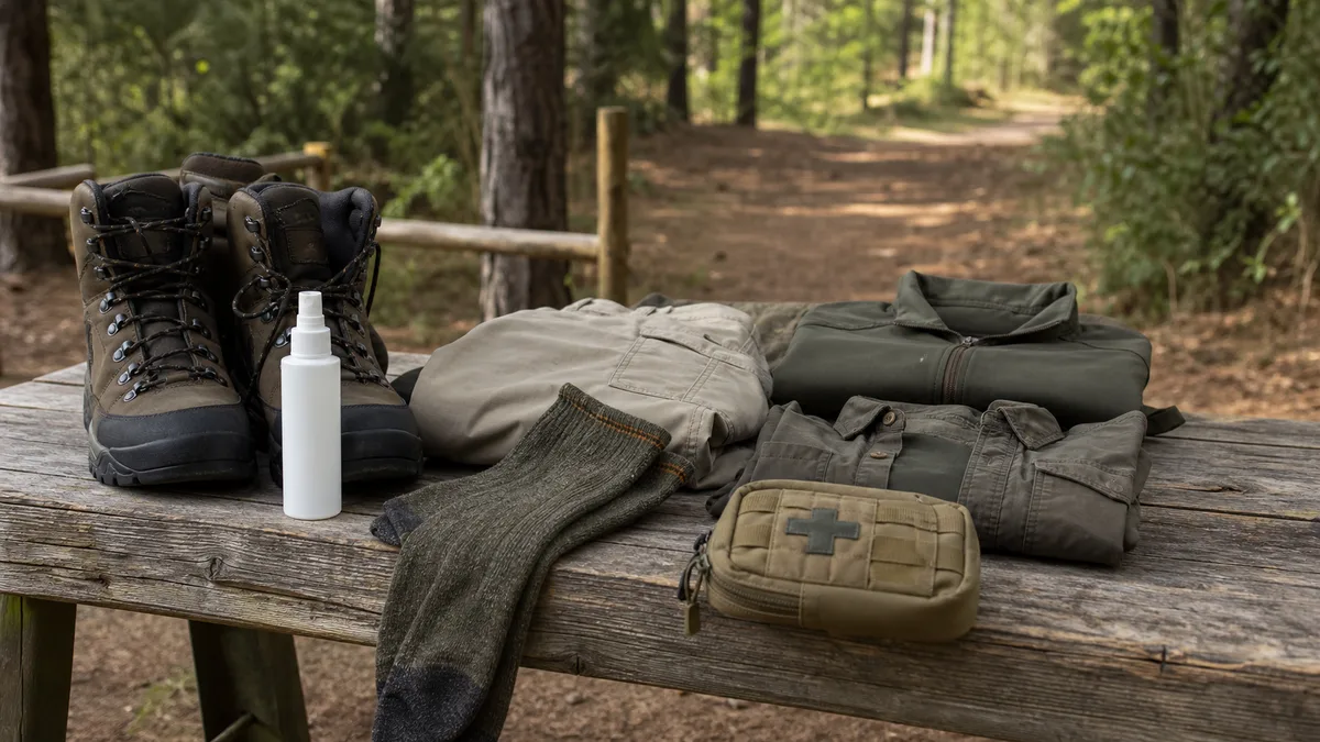 Ropa protectora, botas, repelente y botiquín preparados para prevenir picaduras de garrapatas