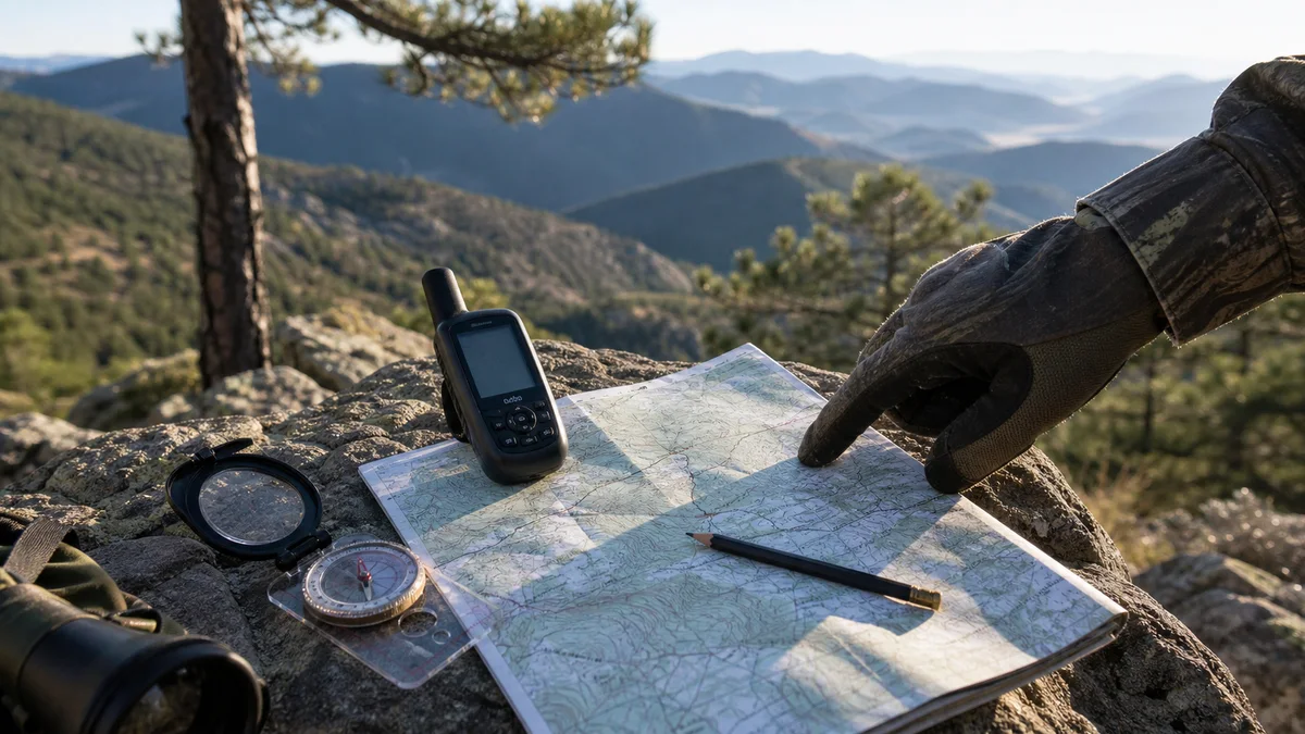 Mapa topográfico, brújula y GPS usados para orientarse en una jornada de caza