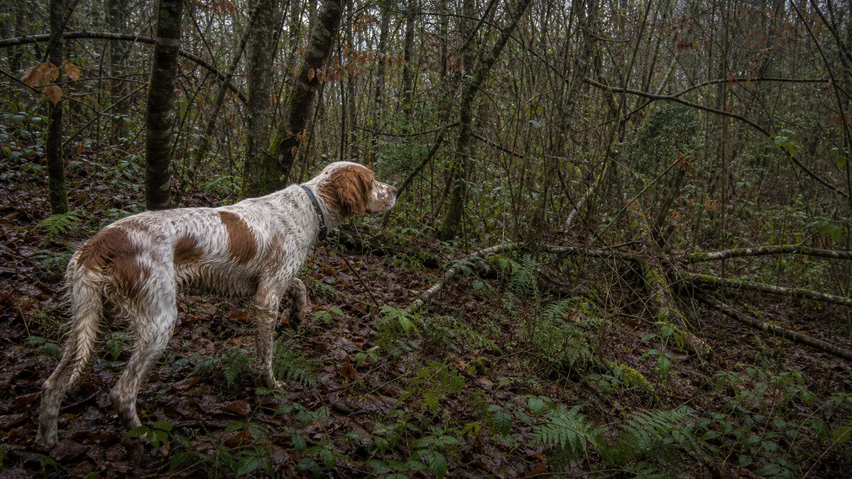 Perro de muestra parado en un bosque invernal adecuado para la caza de becada