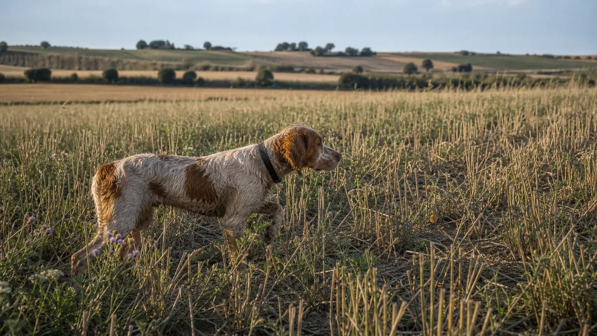 Perro de muestra trabajando en rastrojo durante la gestión de codorniz común