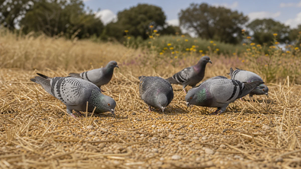 Palomas bravías alimentándose de semillas y cereal en un rastrojo mediterráneo