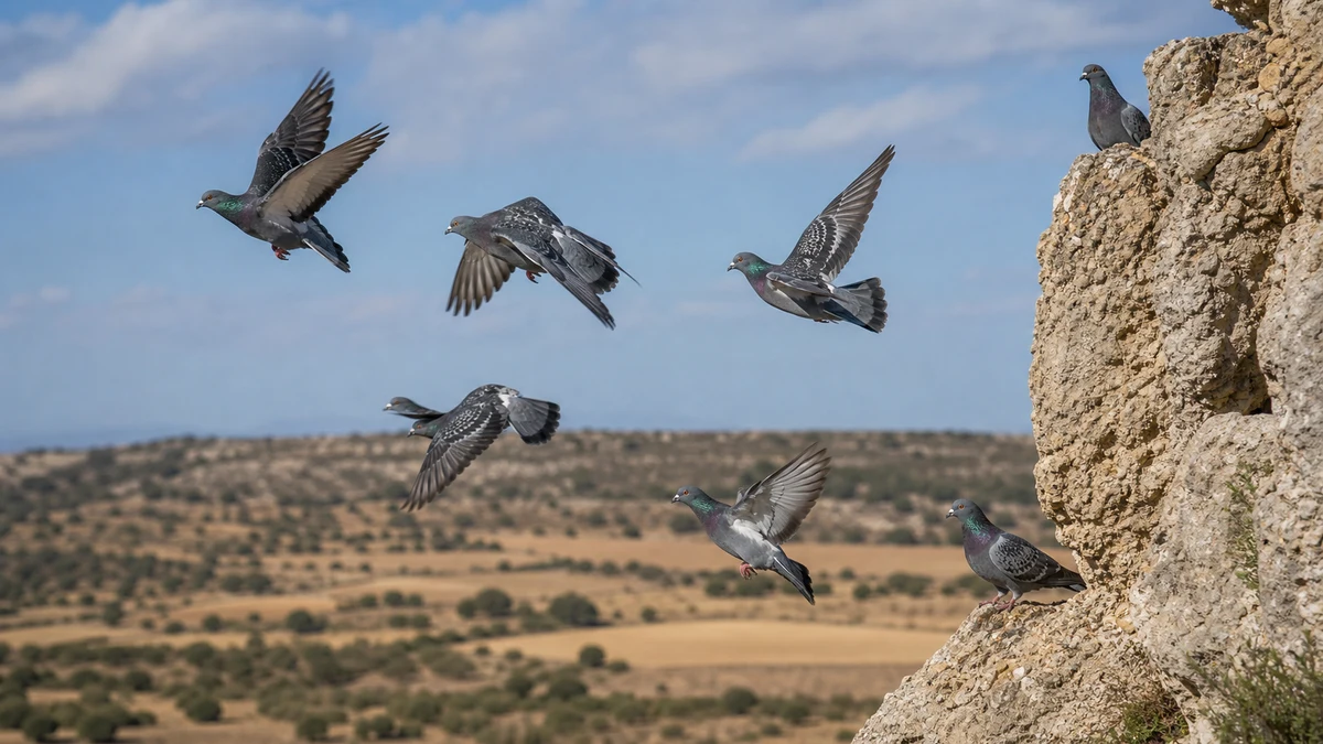 Palomas bravías en vuelo rápido junto a una pared rocosa