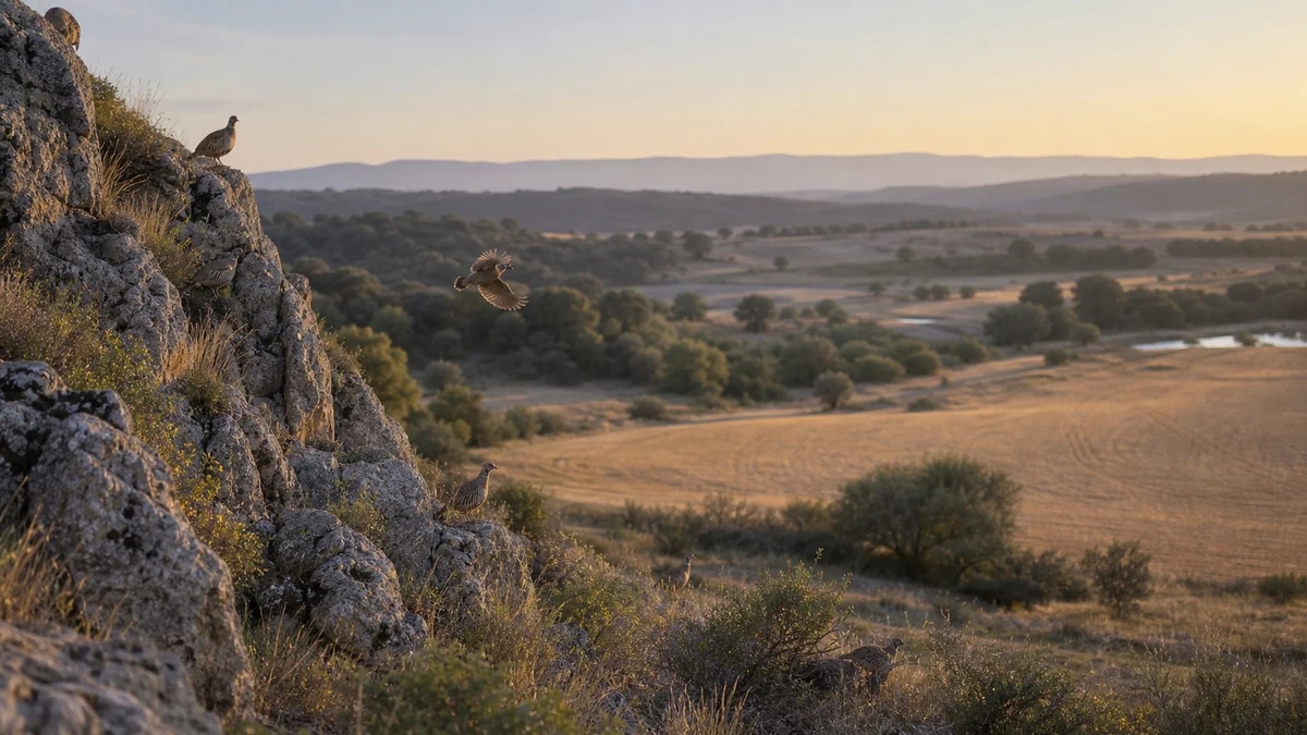 Hábitat cinegético de paloma bravía entre roquedos y campos de cereal