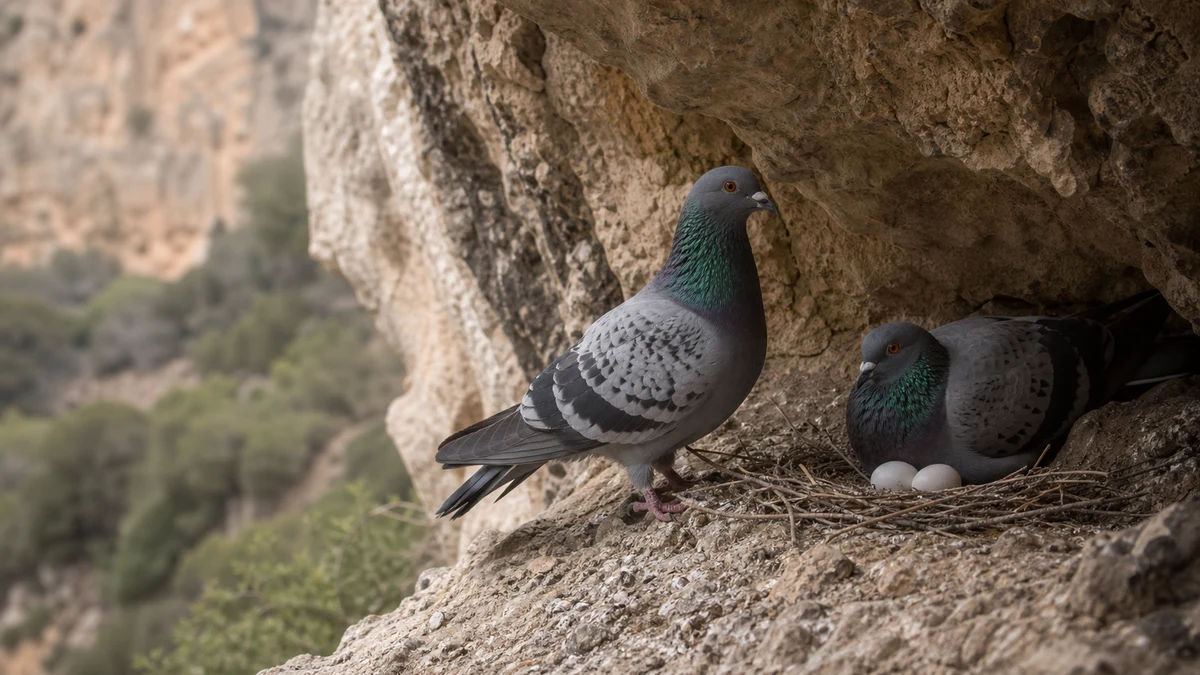 Pareja de palomas bravías junto a una repisa de nidificación en un cortado