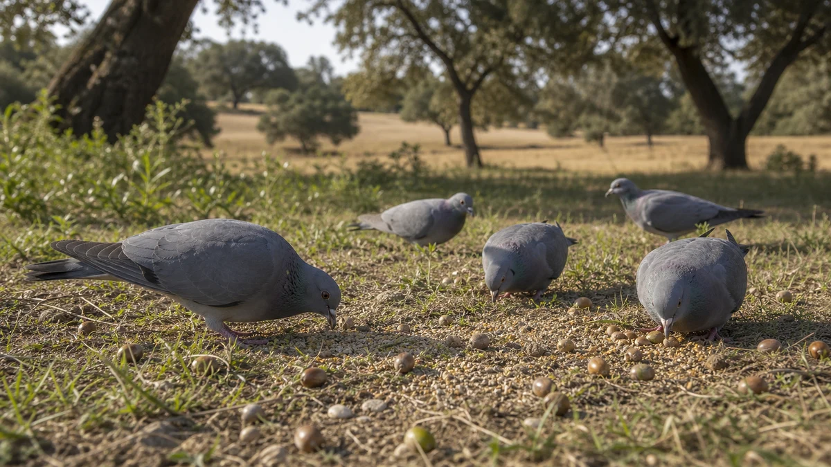 Palomas zuritas alimentándose de semillas y bellotas en un campo abierto