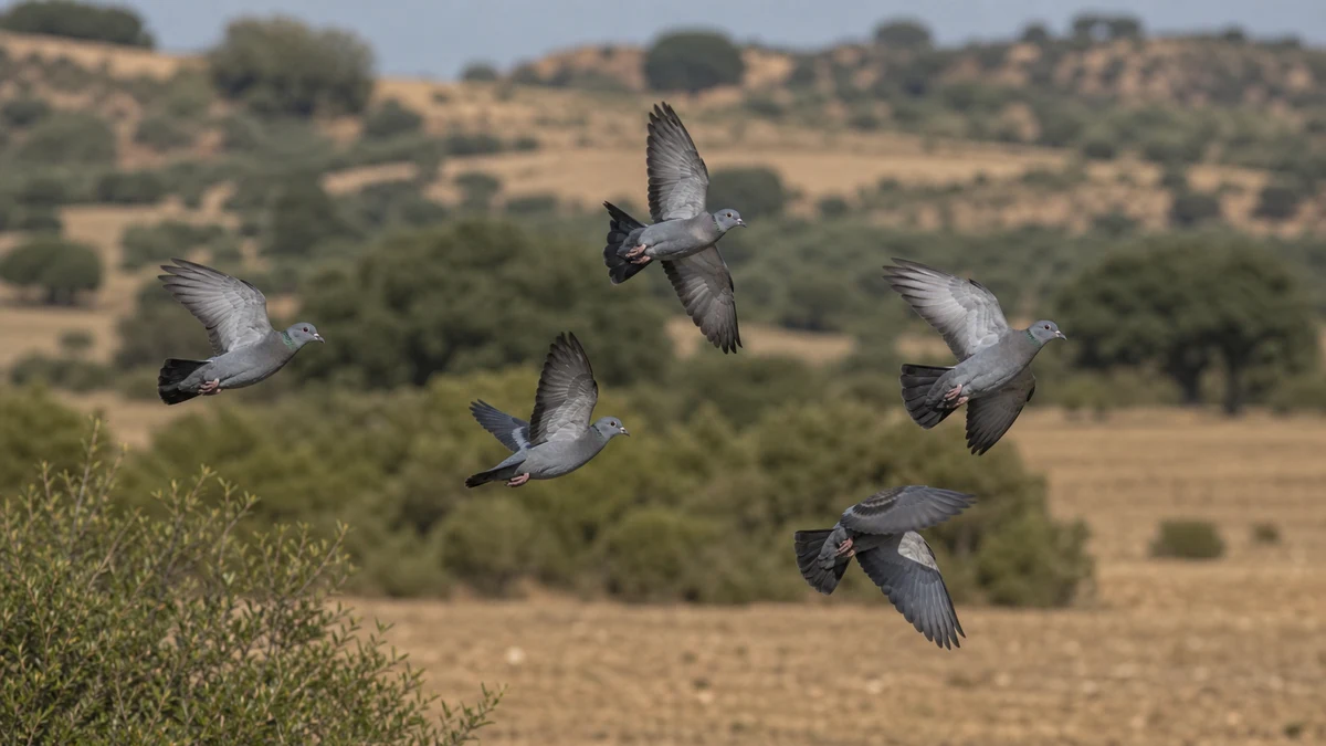 Pequeño bando de palomas zuritas en vuelo ágil sobre campos mediterráneos
