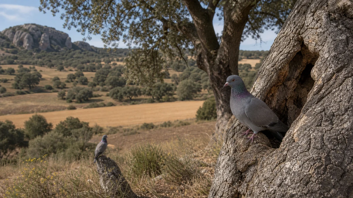 Palomas zuritas en dehesa con árboles maduros, cultivos y huecos naturales de refugio