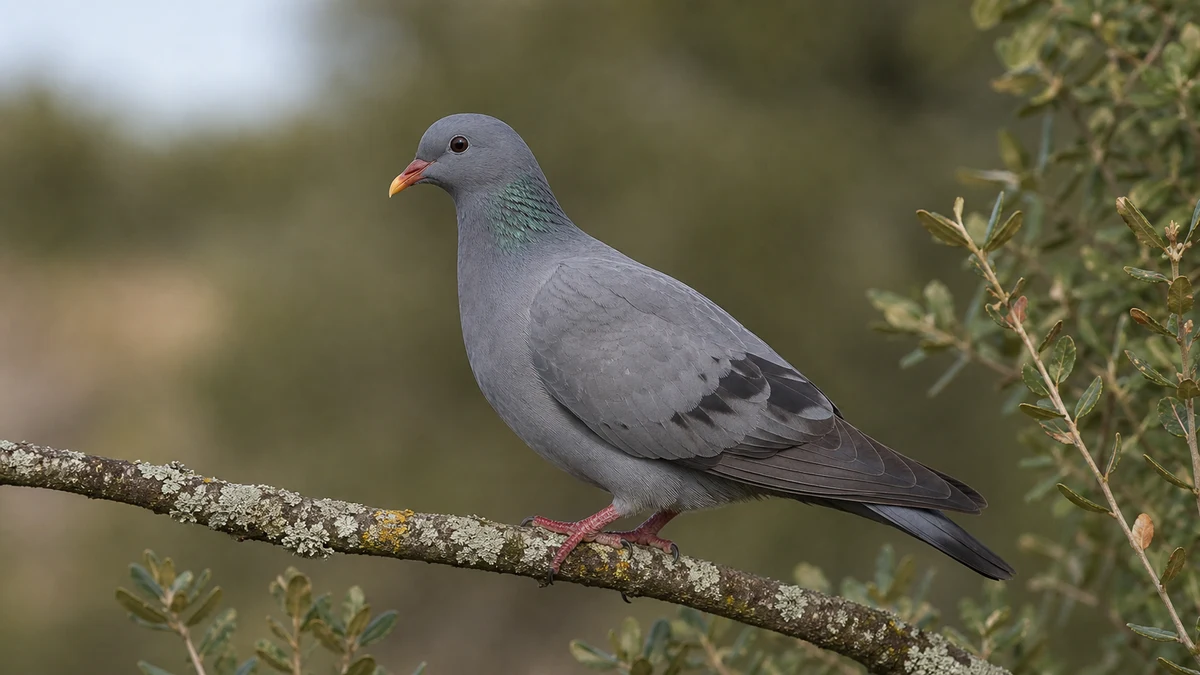 Paloma zurita en perfil con plumaje gris uniforme, ojo oscuro y pico rojizo