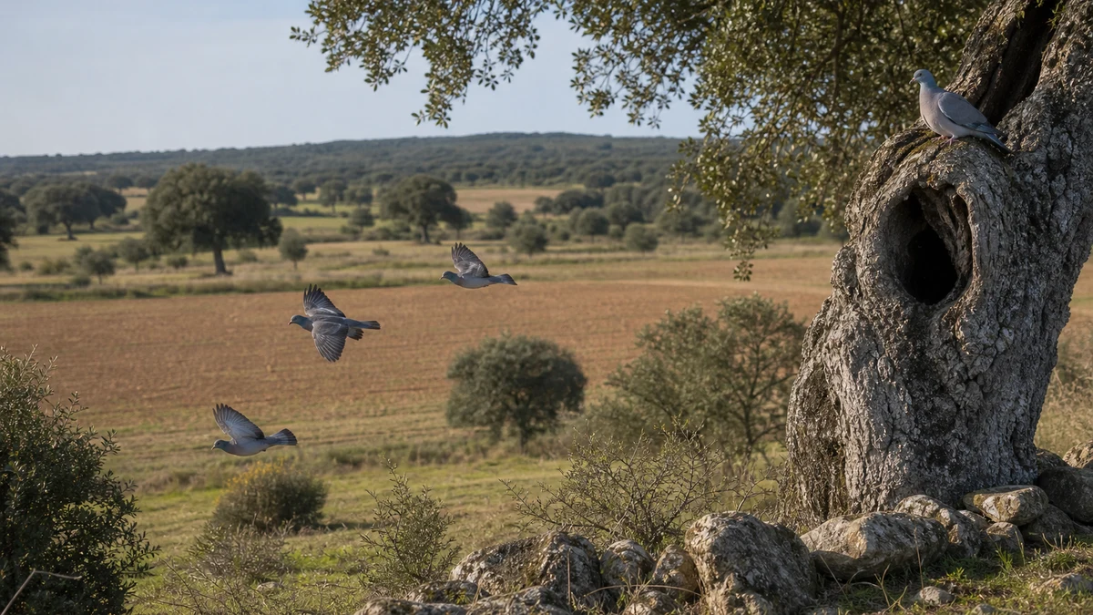 Paisaje de gestión para paloma zurita con dehesa, cultivos y árboles con refugio