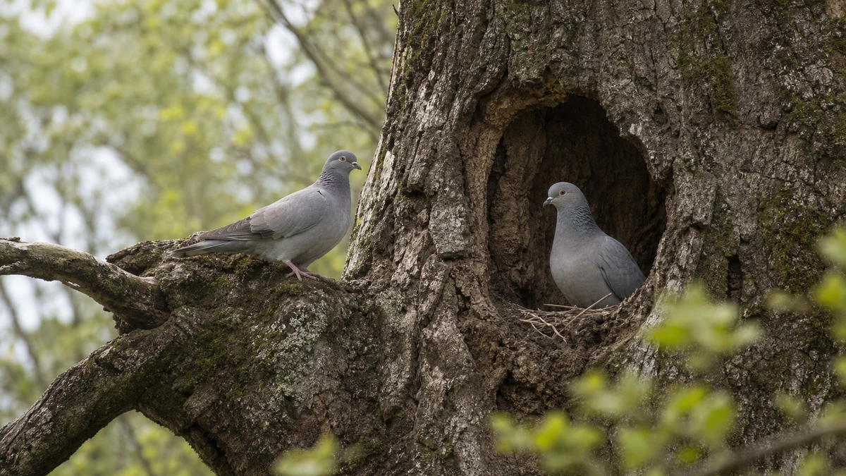 Pareja de palomas zuritas junto a un hueco de nidificación en un árbol viejo