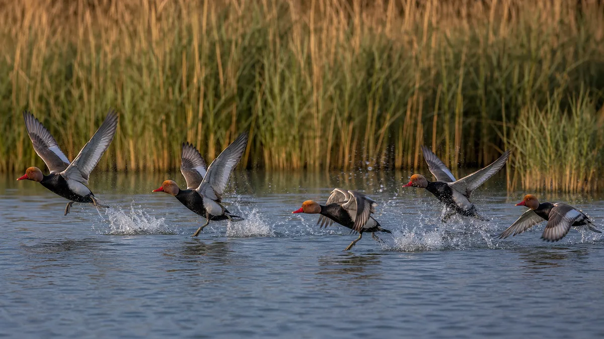Patos colorados en vuelo sobre una laguna, con las franjas blancas de las alas extendidas