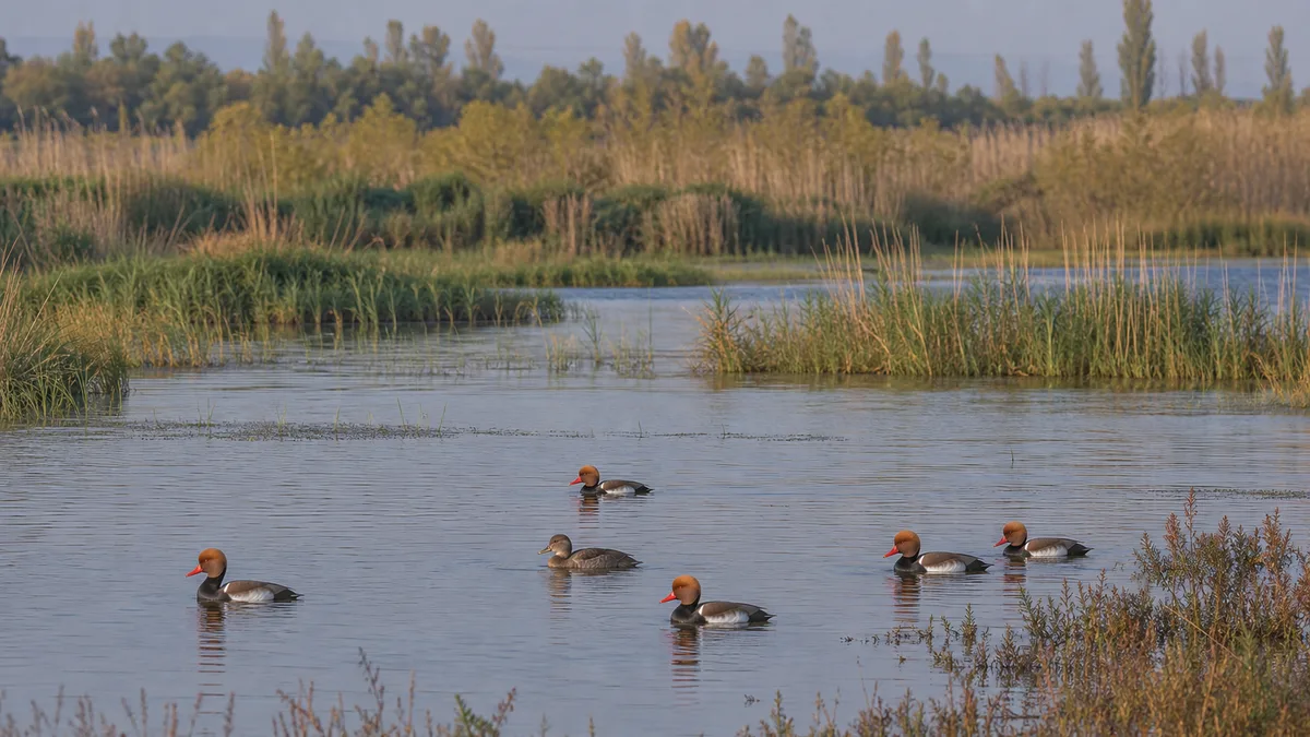 Laguna con carrizos y vegetación subacuática, hábitat del pato colorado