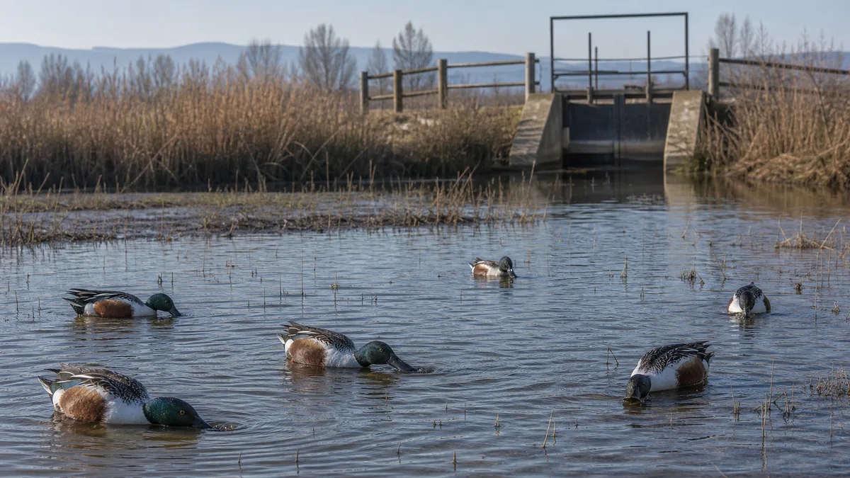 Marisma gestionada con patos cuchara en aguas someras y carrizos