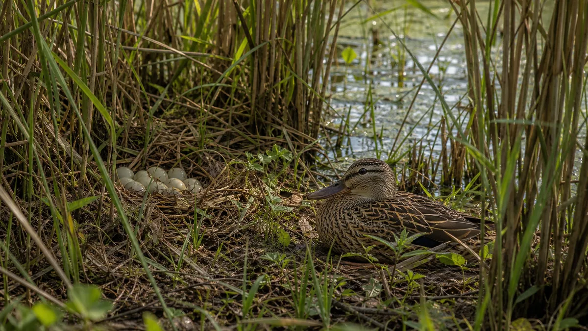 Nido de pato cuchara oculto entre carrizos cerca de aguas someras