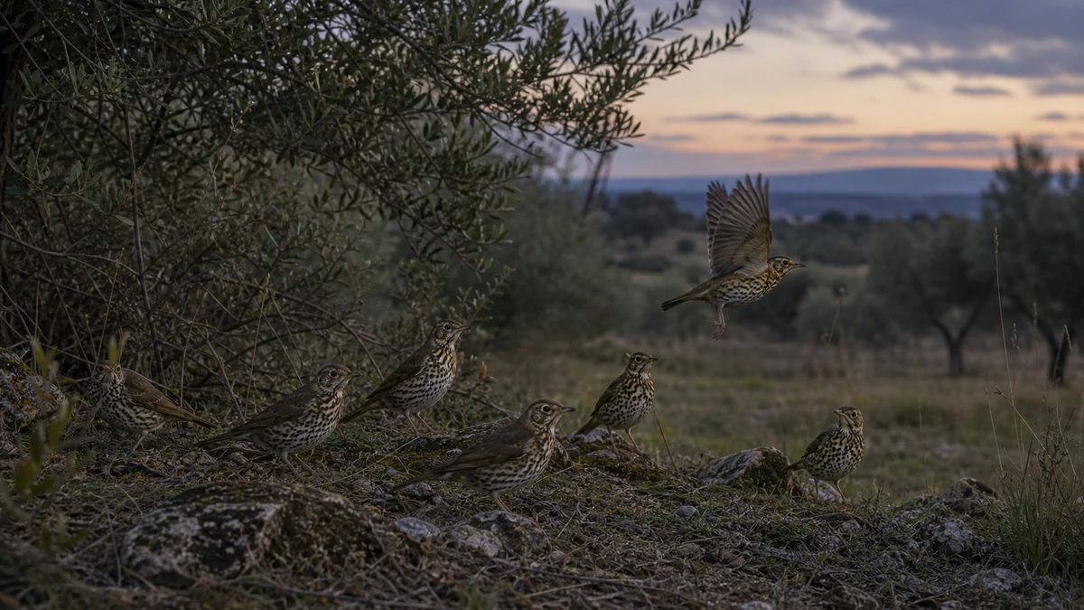 Zorzales comunes reuniéndose al atardecer en el borde de un olivar