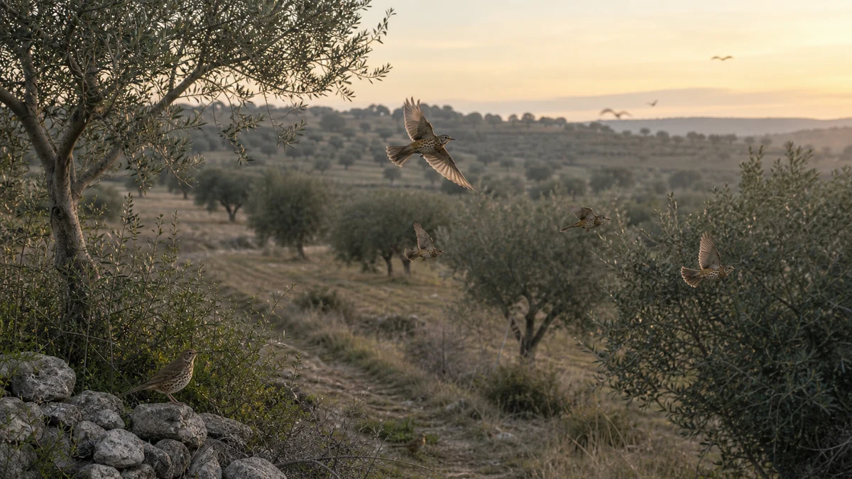 Zorzal común en un paisaje invernal de olivar y corredores naturales de vuelo