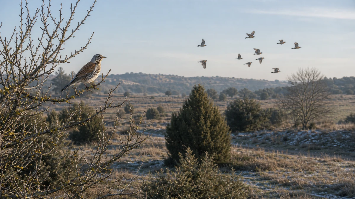 Zorzales reales moviéndose por un paisaje cinegético invernal de setos y enebros