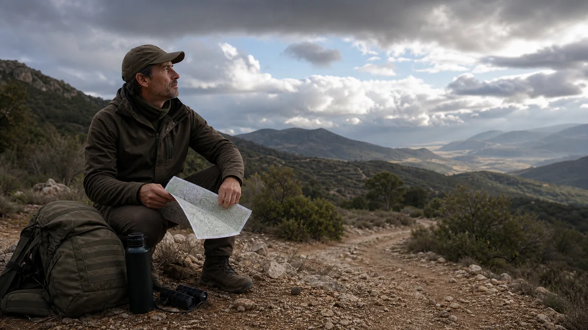 Cazador ajustando su ruta ante cambios de clima durante una salida al monte