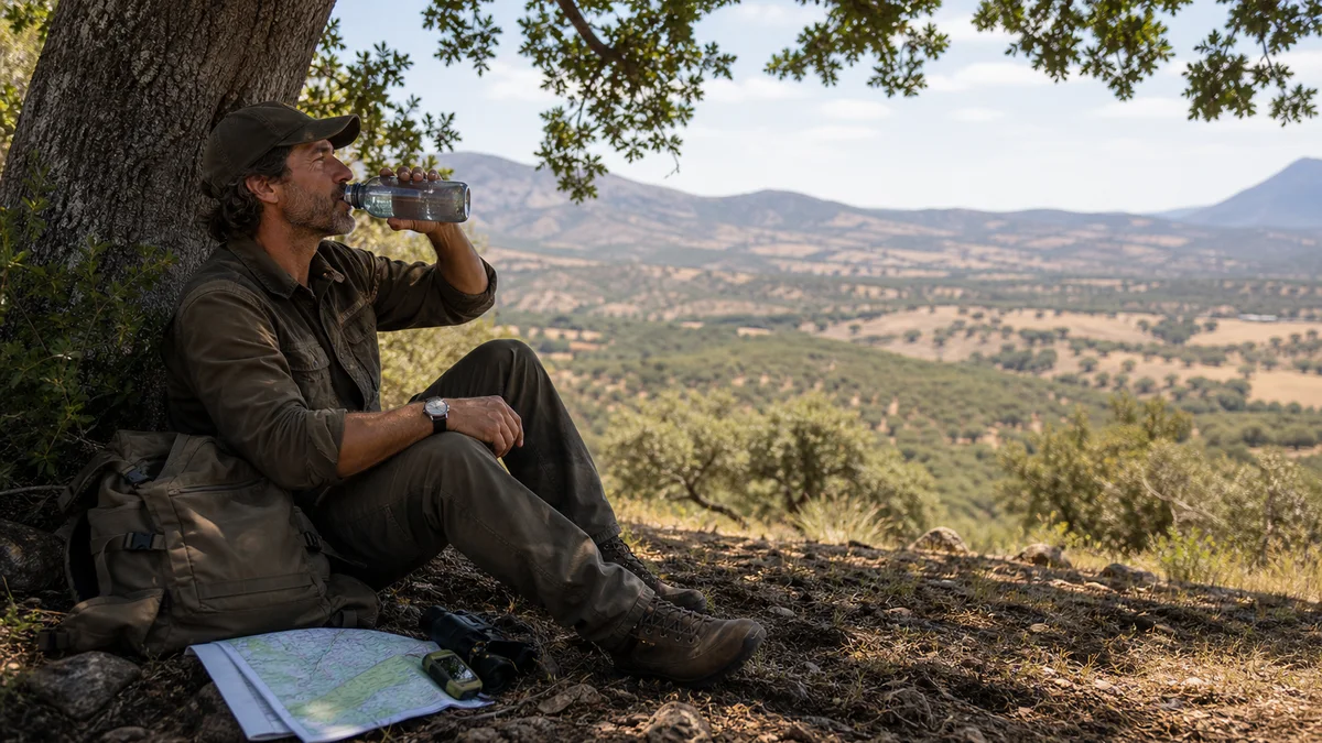 Descanso planificado en una jornada de caza con agua, mapa y mochila