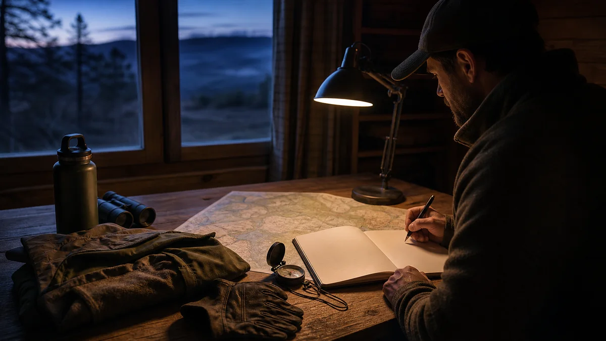 Preparación mental para una jornada de caza con mapa, ropa y equipo ordenado