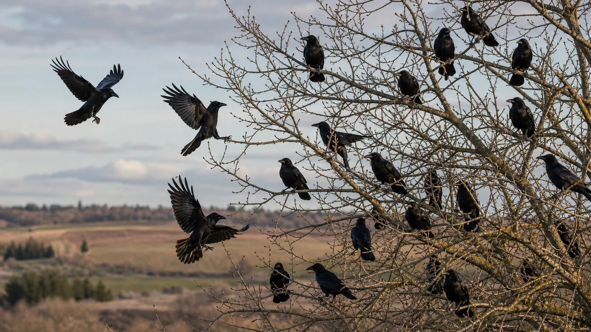 Grupo de cornejas negras reunidas en un árbol al atardecer