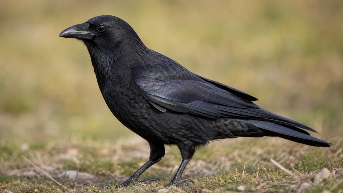 Corneja negra de perfil con plumaje oscuro y cola recta