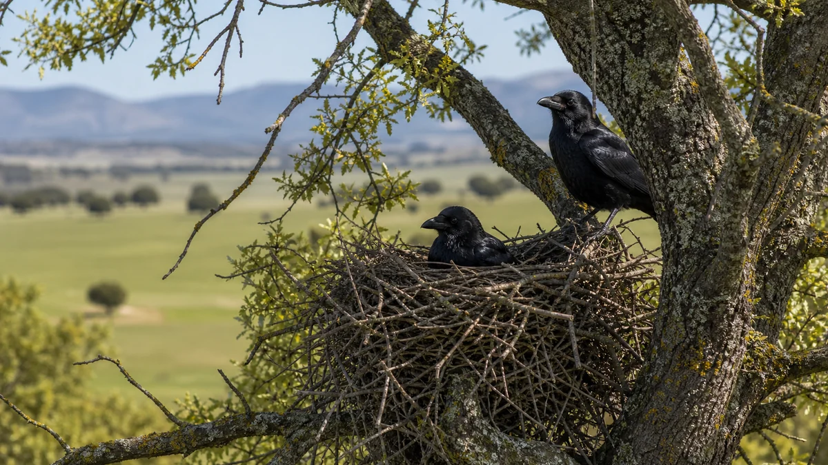 Corneja negra junto a un nido de ramas en un árbol