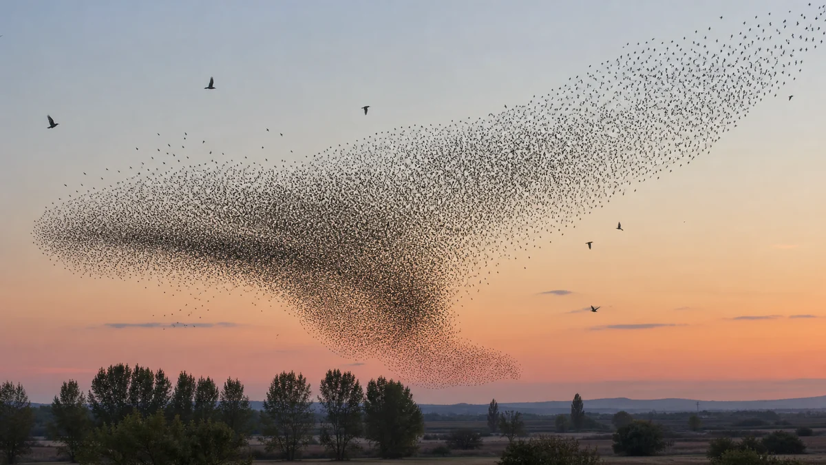 Murmuración de estorninos pintos al atardecer