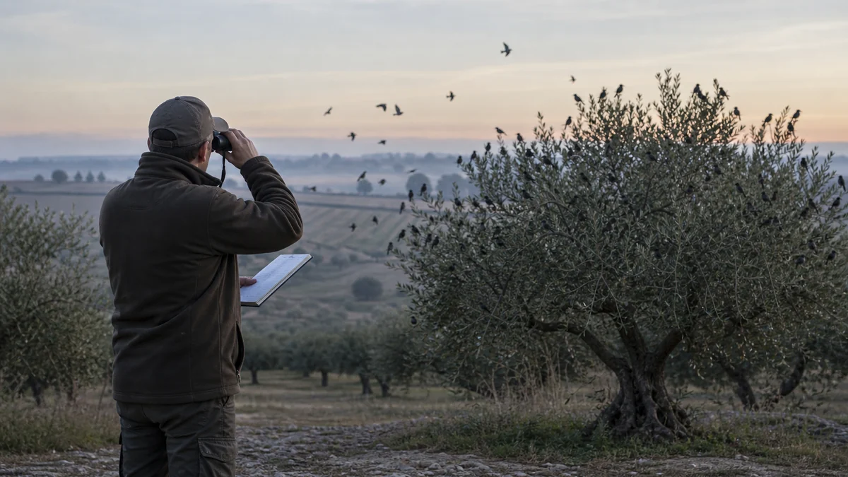 Observación de bandos de estorninos pintos en olivar