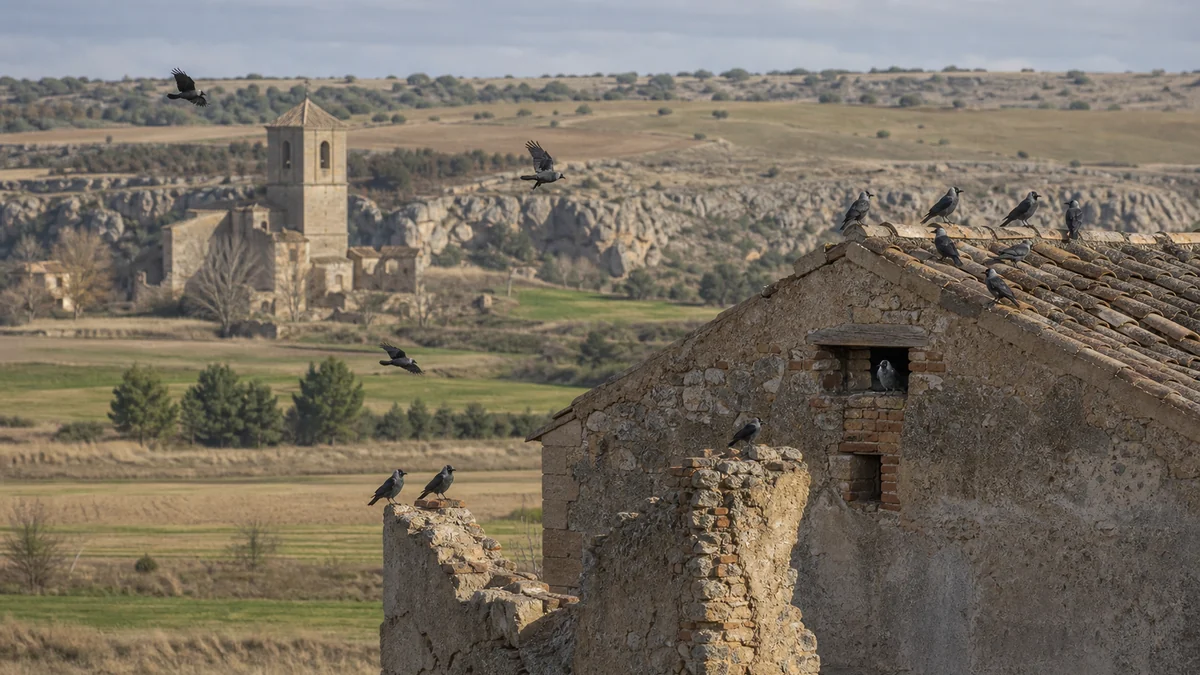 Grajillas en construcciones antiguas y campos de cultivo