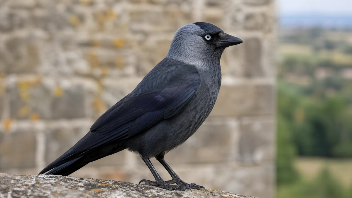 Grajilla de perfil con cogote gris ceniza y ojo pálido