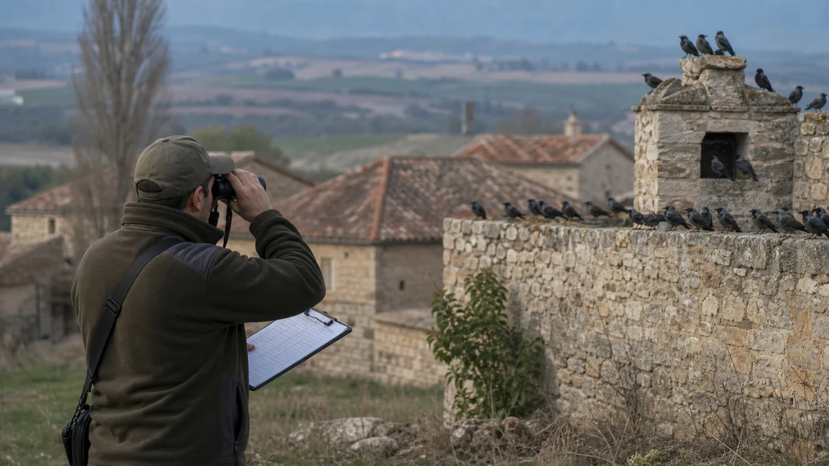 Técnico observando una colonia de grajillas en entorno rural