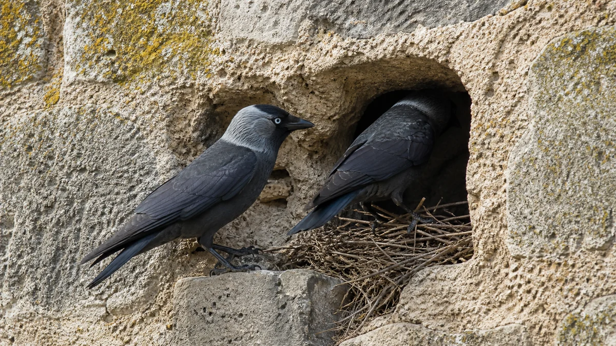 Pareja de grajillas junto a una cavidad de nido