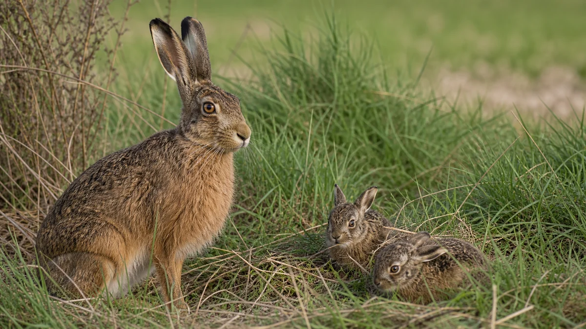 Liebre europea con lebratos ocultos entre la hierba