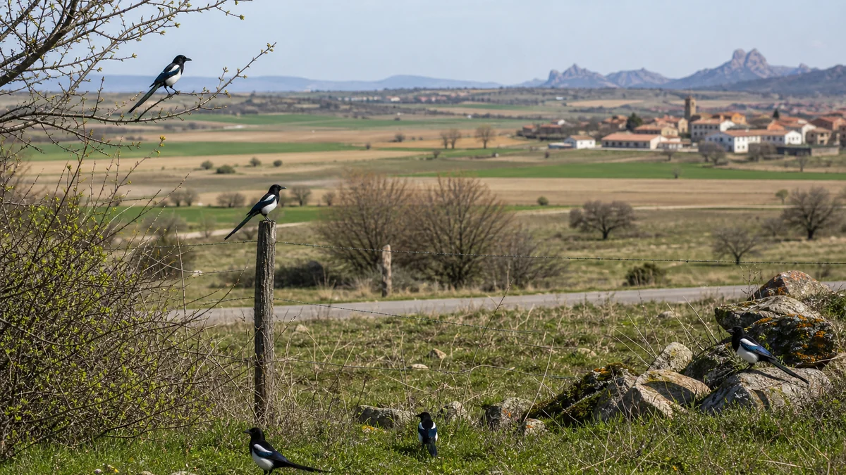 Urracas en campos, carreteras y entorno de pueblo