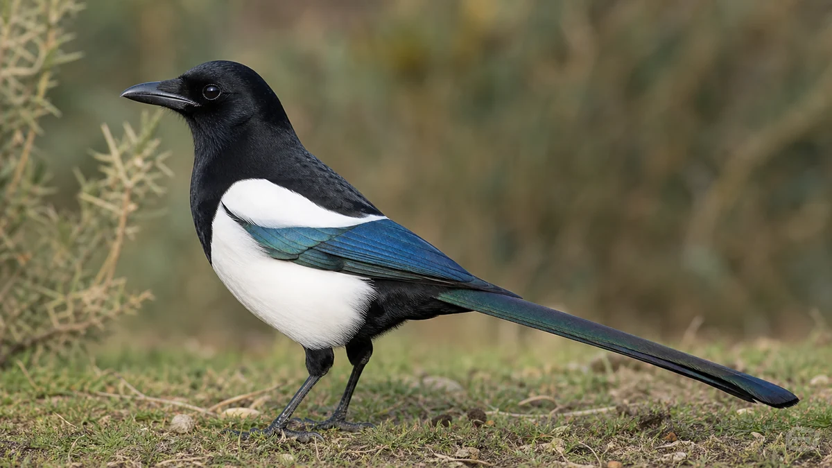 Urraca de perfil con plumaje blanco y negro y cola larga
