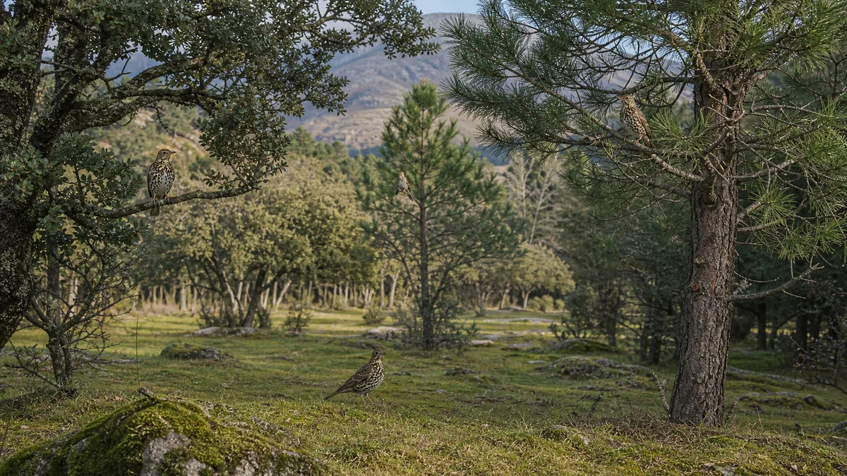 Tres zorzales charlos en un claro de monte con robles y pinos: uno en el suelo y dos posados en las ramas