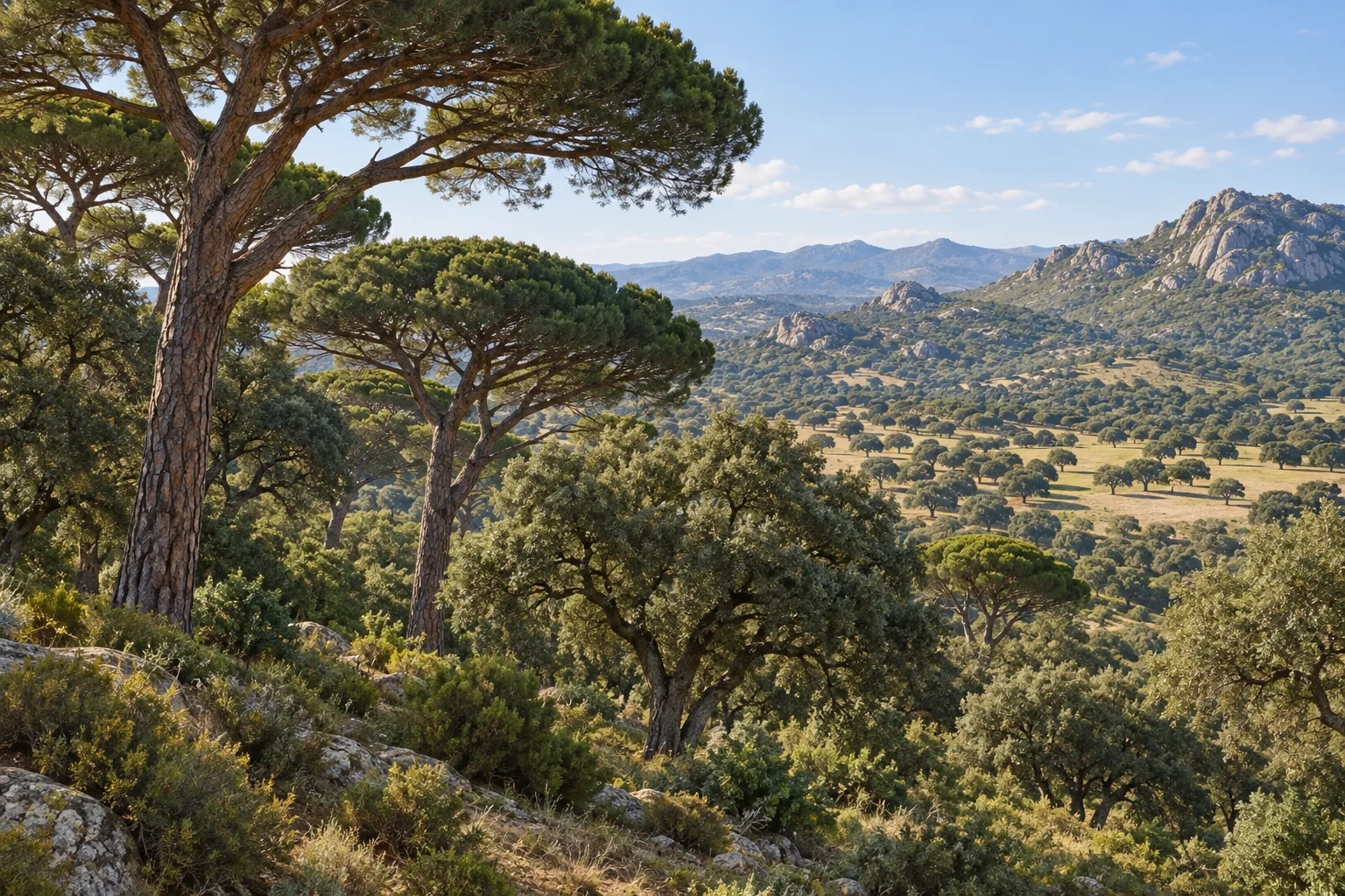 Ilustración de una sierra mediterránea con pinos maduros, encinas y claros de dehesa, hábitat del buitre negro