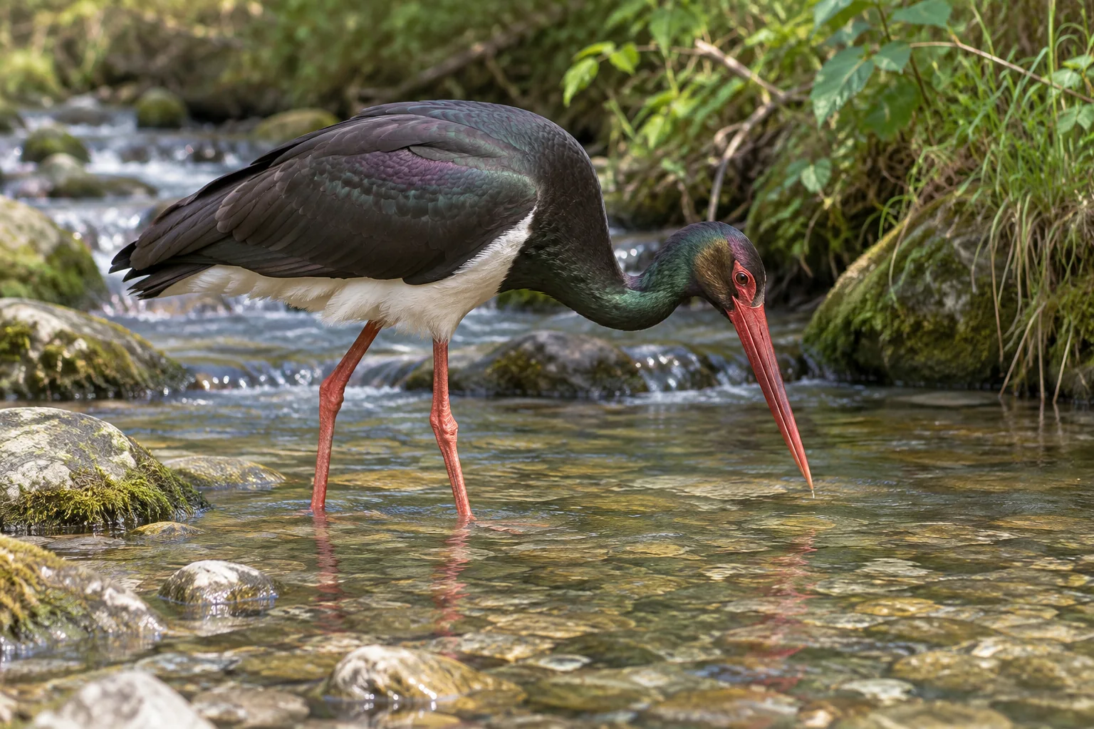 Ilustración de una cigüeña negra buscando alimento con el pico cerca del agua en un arroyo somero