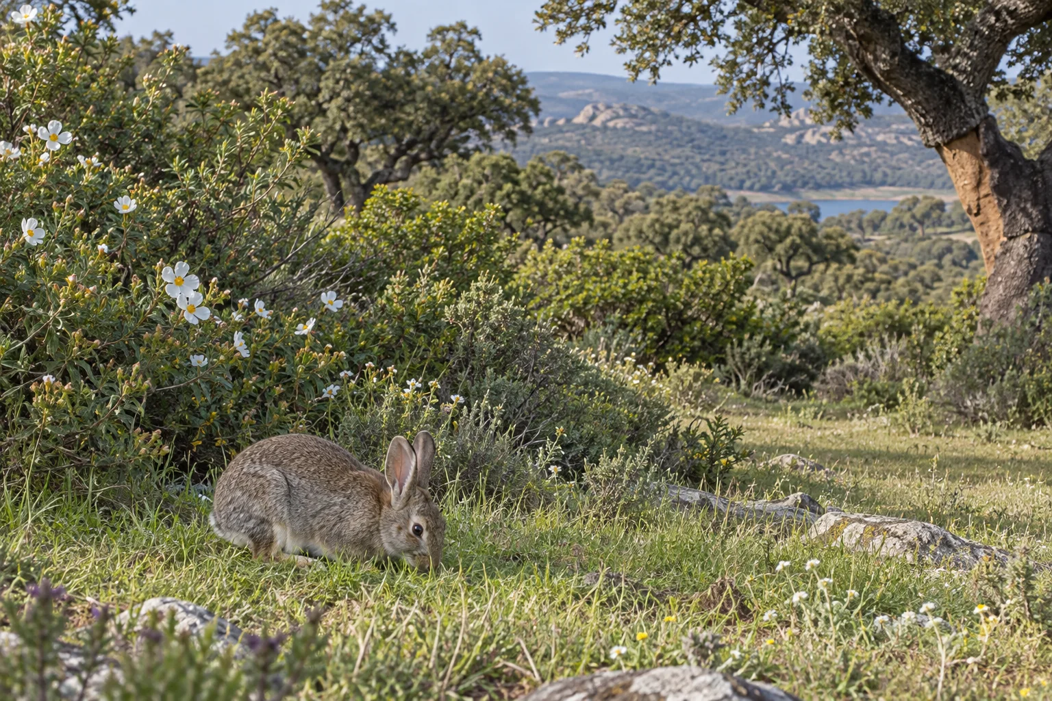 Ilustración de un conejo de monte alimentándose junto al matorral mediterráneo, presa principal del lince ibérico