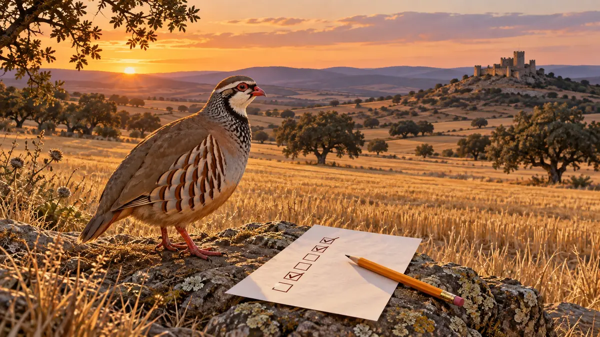 Hoja de test del examen del cazador junto a una perdiz roja en un paisaje de la meseta de Castilla y León