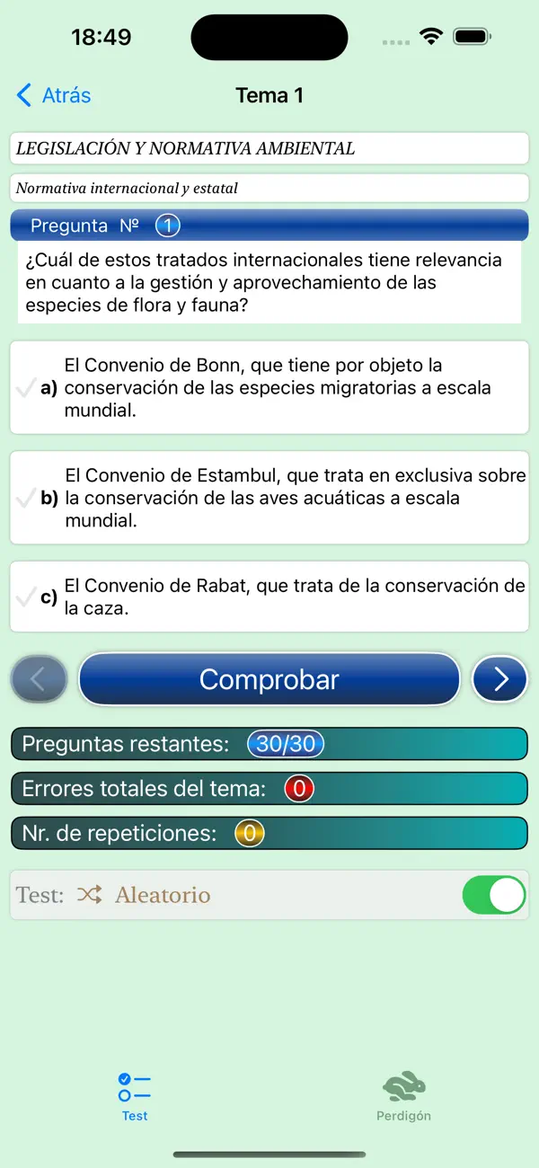 Pregunta del tema 1 de Test Caza Pais Vasco en iPhone, con tres opciones y el botón Comprobar