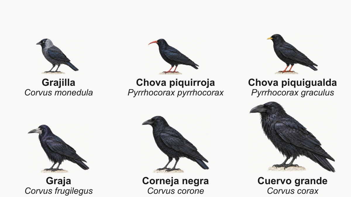 Grajilla, chova piquirroja, chova piquigualda, graja, corneja negra y cuervo grande posados de perfil, de menor a mayor, con sus nombres