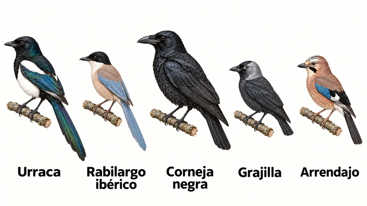 Urraca, rabilargo ibérico, corneja negra, grajilla y arrendajo posados de perfil, de izquierda a derecha, con sus nombres