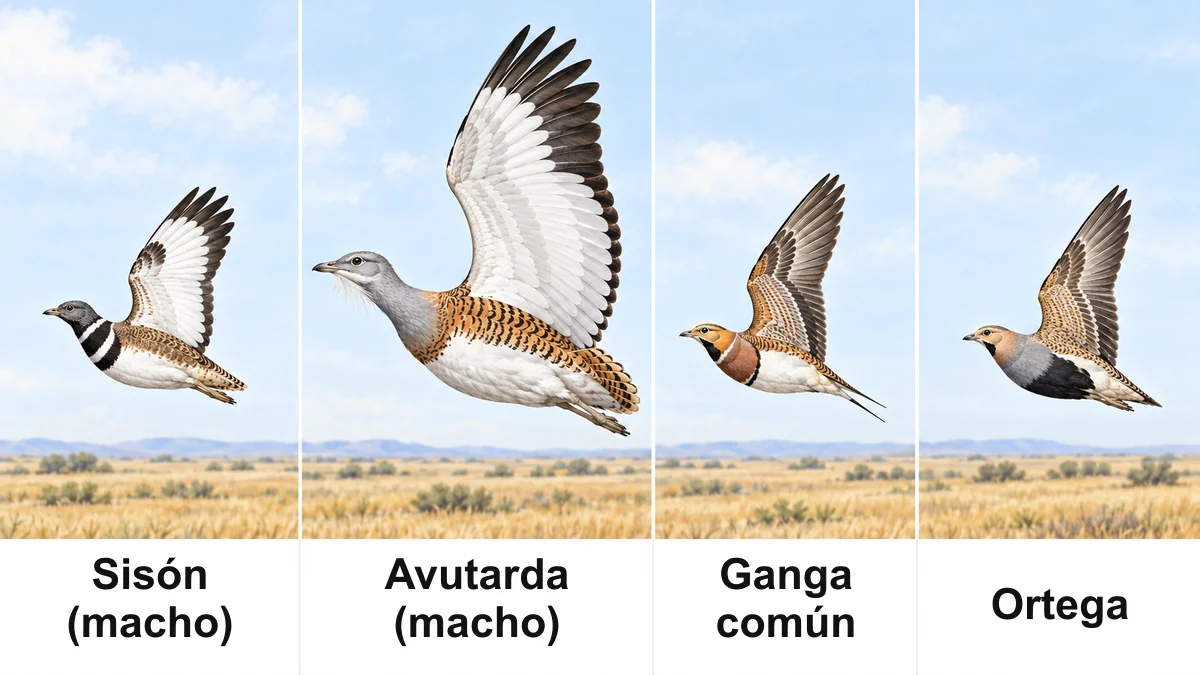 Sisón macho, avutarda macho, ganga común y ortega en vuelo, de izquierda a derecha, con sus nombres