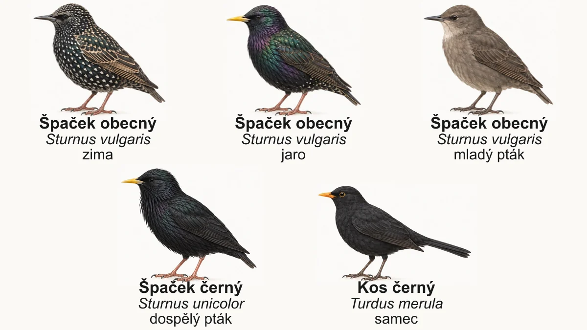 Špaček obecný v zimě, na jaře a mladý pták, špaček černý a samec kosa černého z profilu se jmény