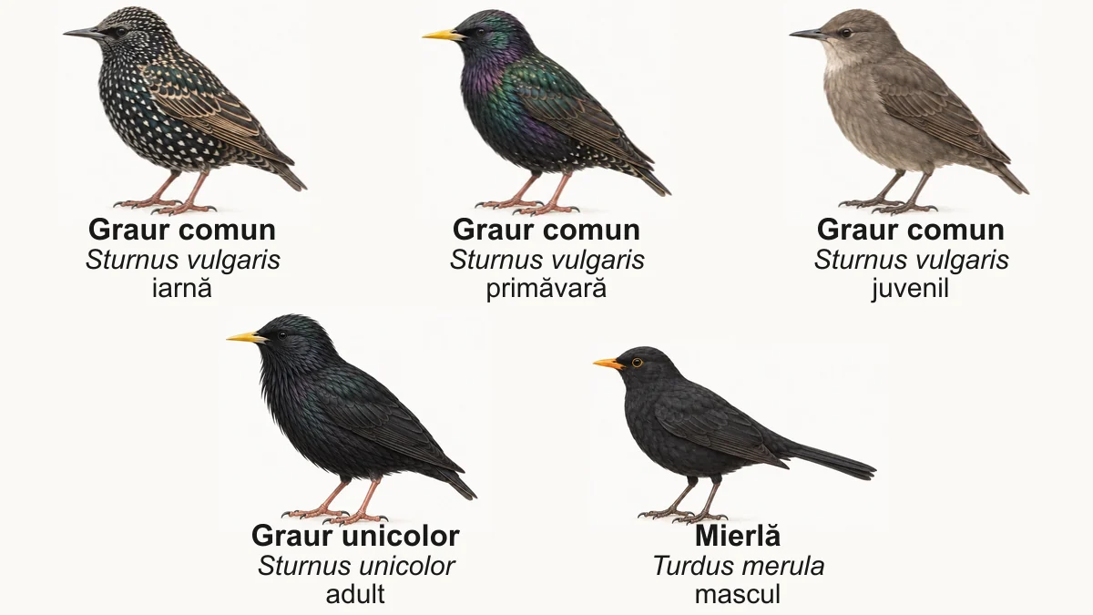 Graur comun iarna, primăvara și juvenil, graur unicolor și mierlă mascul, din profil, cu numele lor