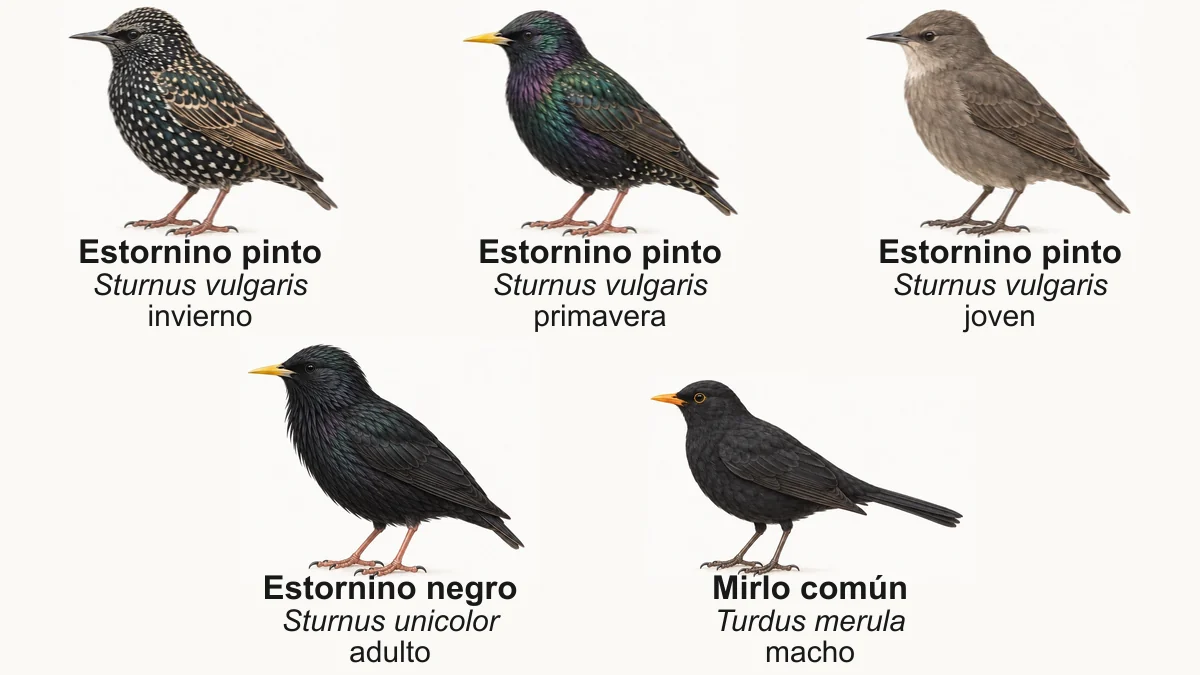 Estornino pinto en invierno, en primavera y joven, estornino negro y mirlo común macho, de perfil y con sus nombres